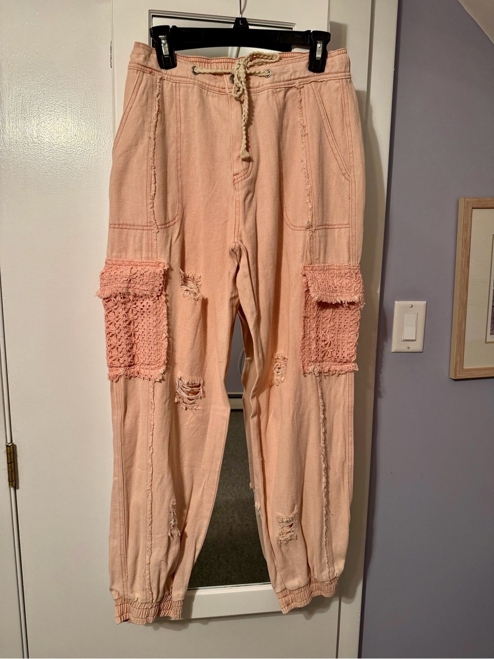 POL Pink Distressed Cargo Joggers with Crochet Pockets